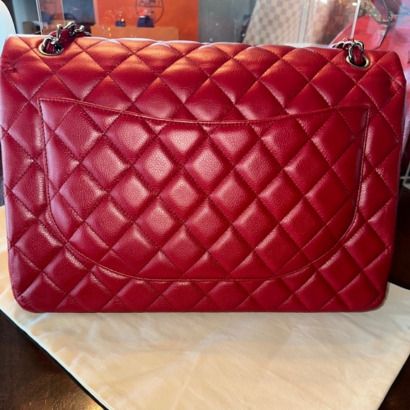 CHANEL Classic Maxi Double Flap Red Caviar on Silver W/Card GREAT CONDITION!!! - Picture 11 of 15